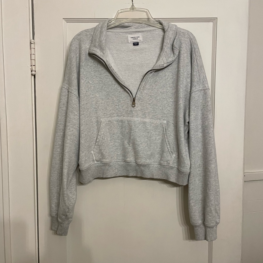 American Eagle Light Gray Cropped Quarter zip.
